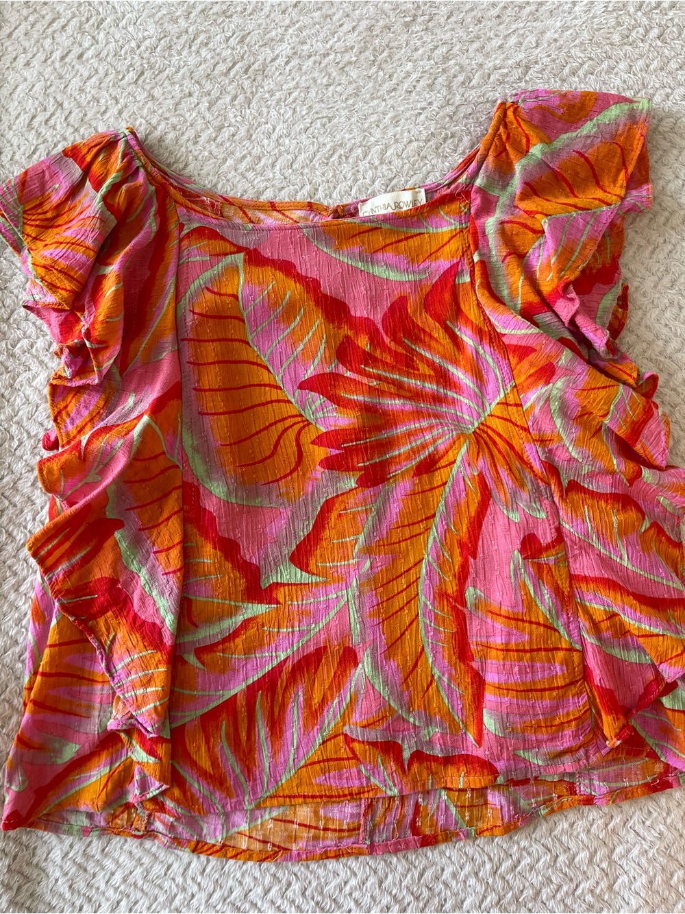 Cynthia Rowley Bright Floral Ruffle Sleeve Top - Pink & Orange size M.